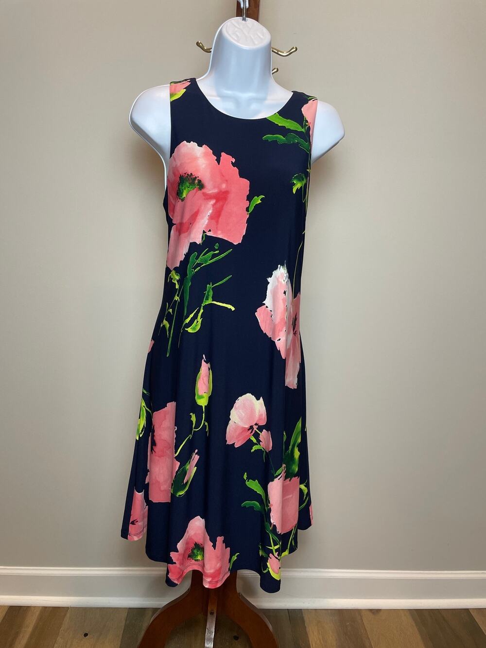 Anne Klein Abstract Floral Sleeveless Shift Dress Size 8 Navy